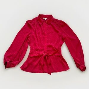 MAX STUDIO Blouse Top Women's Burgundy Billowed Sleeves Dot Print Belted Satin M